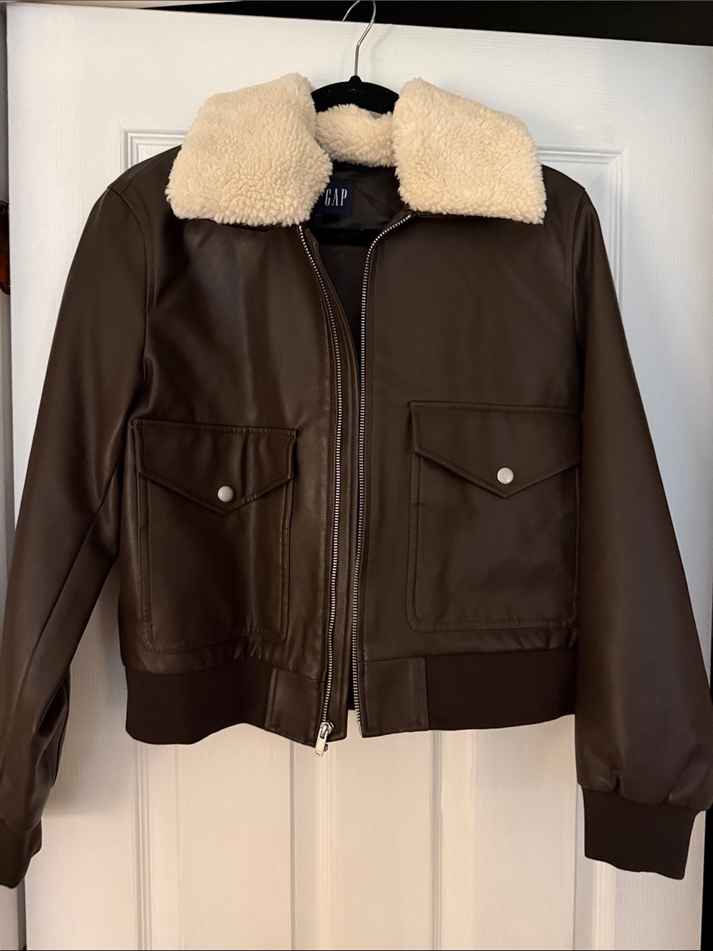 GAP Women’s  Dark Brown Bomber faux leather Jacket with Cream Shearling Collar